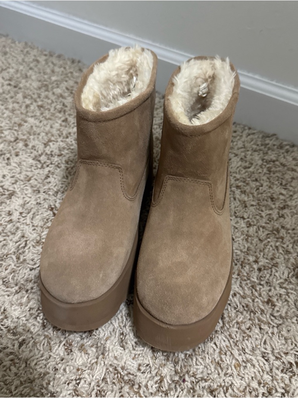 Time and Tru Tan Suede Plush-Lined Platform Ankle Boots